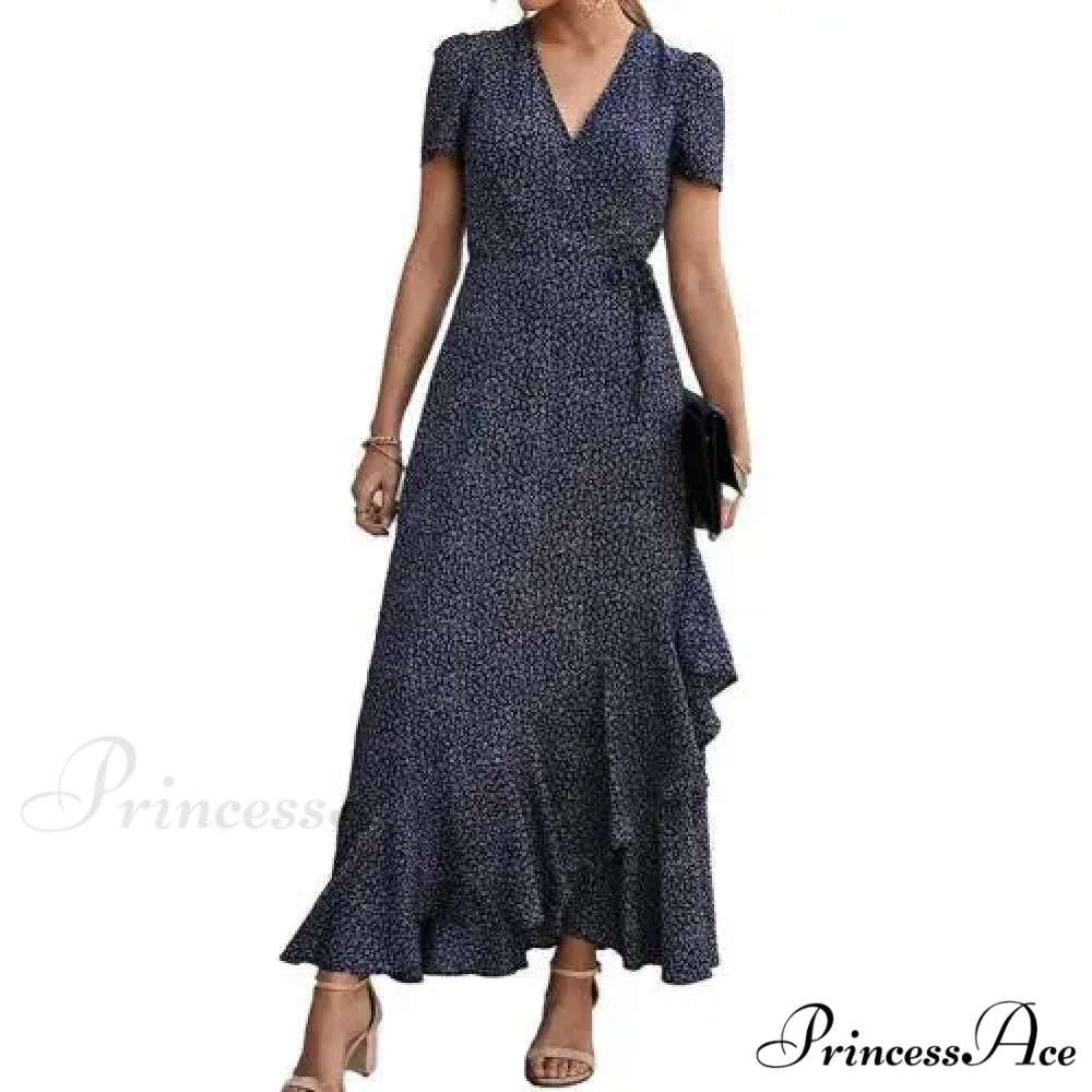 Floral Print Sexy V Neck Ruffle Hem Wrap Vintage Boho Dress