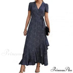 Floral Print Sexy V Neck Ruffle Hem Wrap Vintage Boho Dress