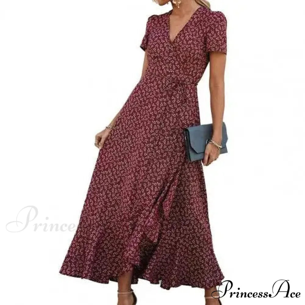Floral Print Sexy V Neck Ruffle Hem Wrap Vintage Boho Dress
