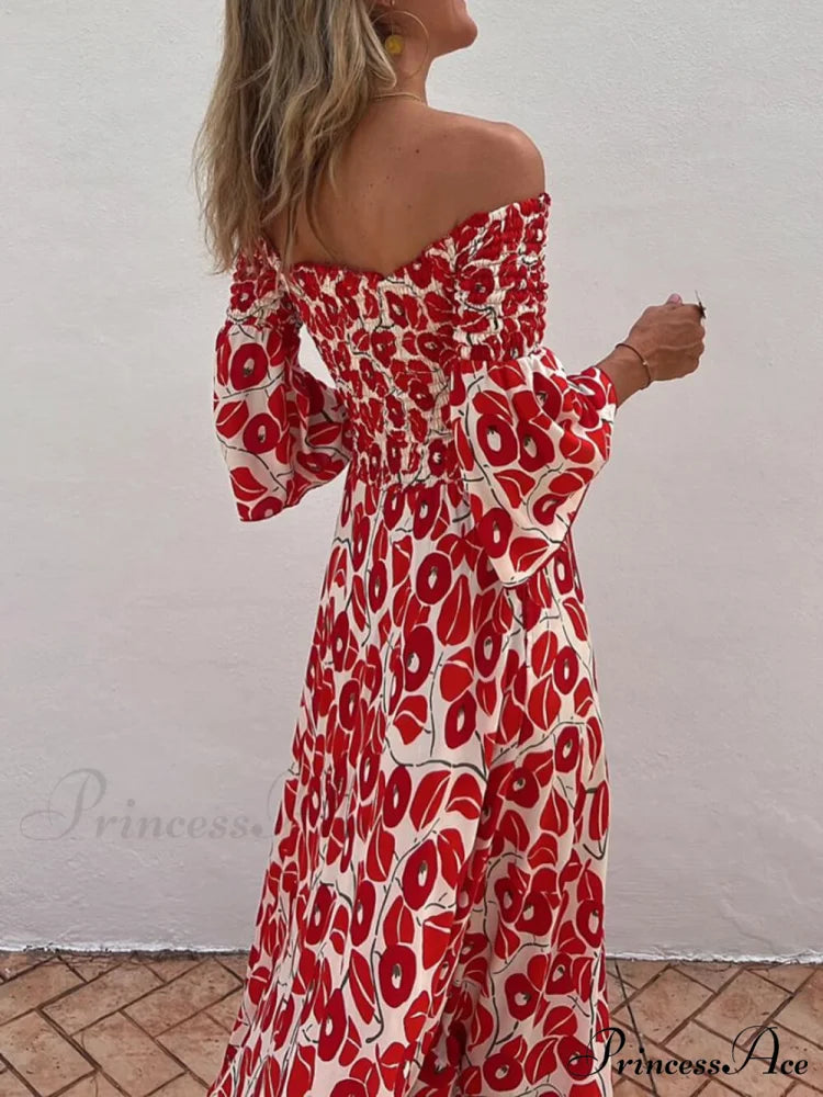 Floral Print Smocked Off Graceful Shoulder Pocketed Maxi Dress