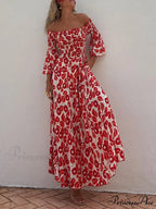 Floral Print Smocked Off Graceful Shoulder Pocketed Maxi Dress