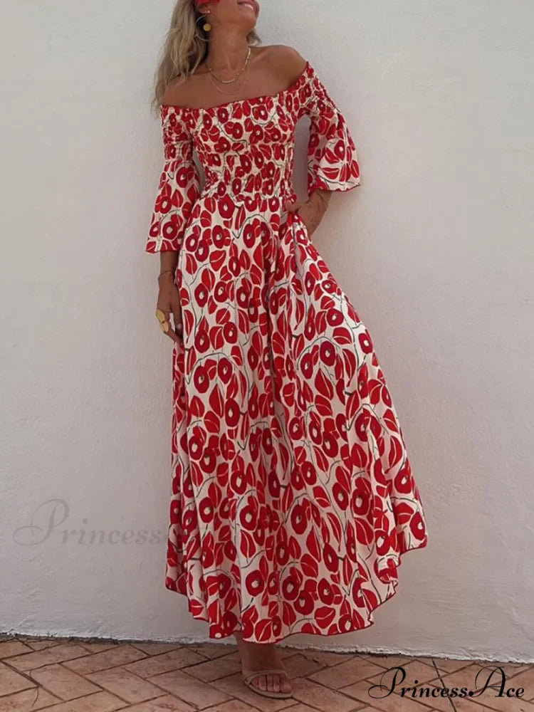 Floral Print Smocked Off Graceful Shoulder Pocketed Maxi Dress
