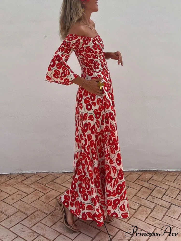 Floral Print Smocked Off Graceful Shoulder Pocketed Maxi Dress