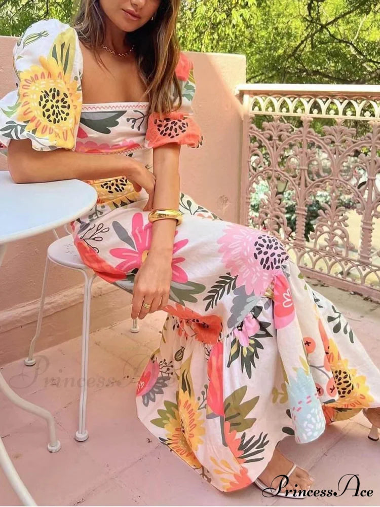 Floral Print Square Neck Graceful Bubble Sleeve Maxi Dress