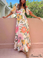 Floral Print Square Neck Graceful Bubble Sleeve Maxi Dress