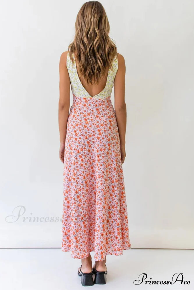 Floral Print V Neck Dress with Contrast Detail and Tie-back