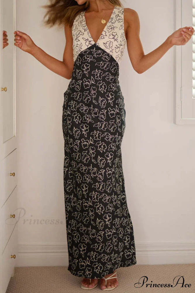 Floral Print V Neck Dress with Contrast Detail and Tie-back