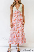 Floral Print V Neck Dress with Contrast Detail and Tie-back