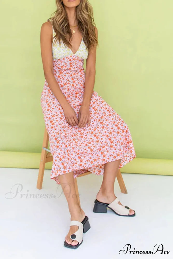 Floral Print V Neck Dress with Contrast Detail and Tie-back