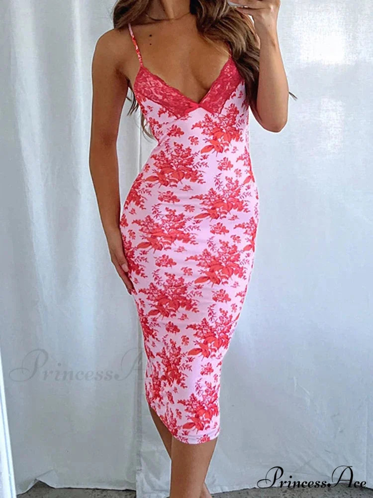 Floral Print V Neck Lace Slip for Women's Club Party Sexy Backless Sunes Midi Dress Summer