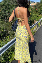 Floral Print Yellow Tie-back Slit Dress