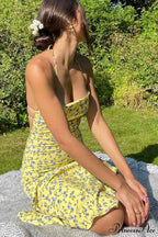 Floral Print Yellow Tie-back Slit Dress