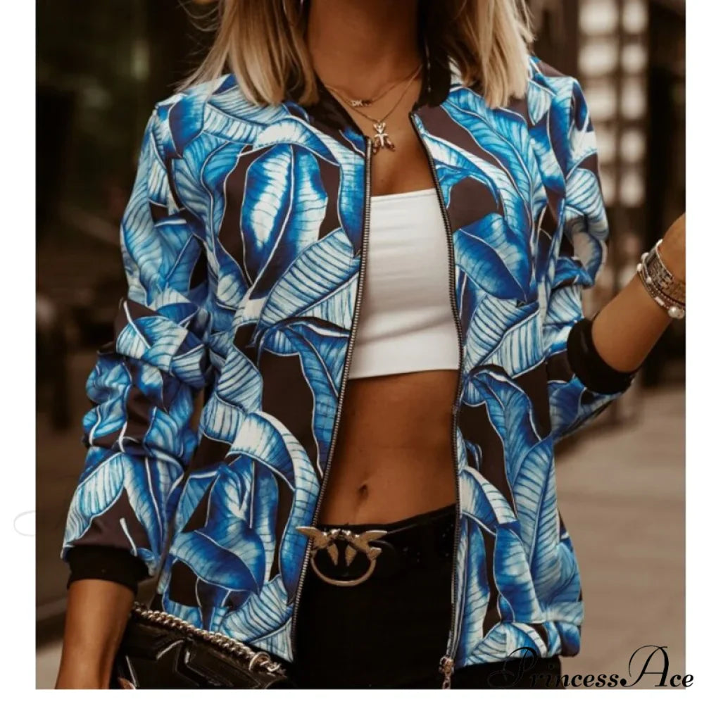Floral Printed Elegant Zipper Bomber Coat