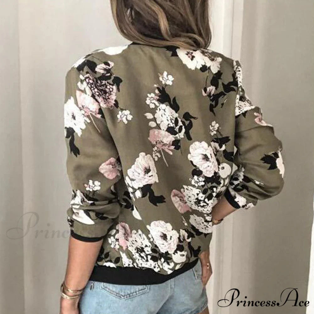 Floral Printed Elegant Zipper Bomber Coat