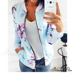 Floral Printed Elegant Zipper Bomber Coat