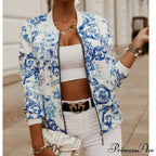 Floral Printed Elegant Zipper Bomber Coat