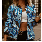 Floral Printed Elegant Zipper Bomber Coat