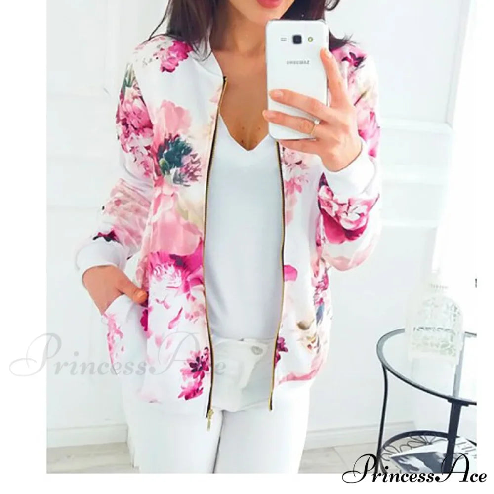 Floral Printed Elegant Zipper Bomber Coat