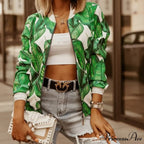 Floral Printed Elegant Zipper Bomber Coat