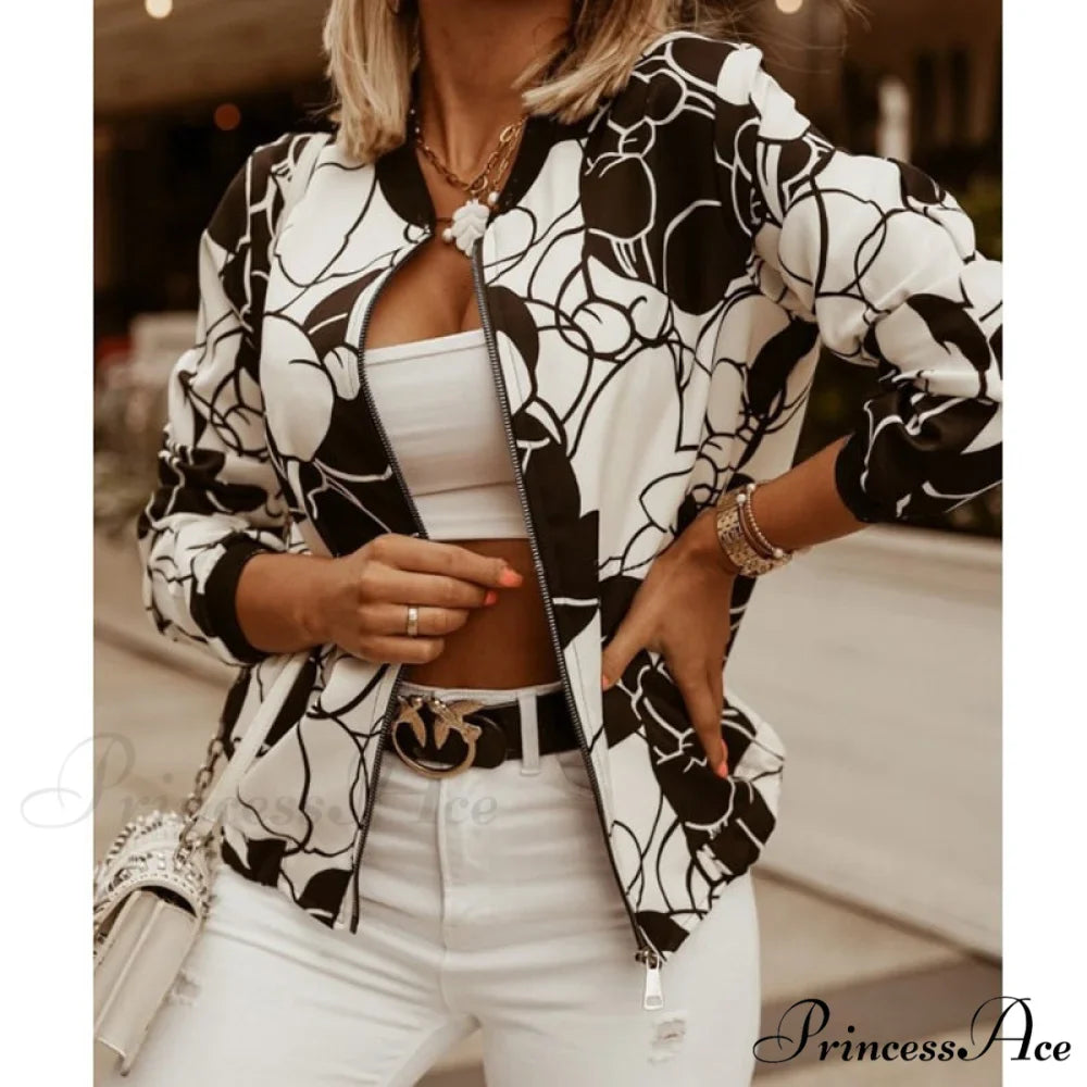 Floral Printed Elegant Zipper Bomber Coat