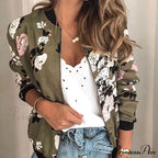 Floral Printed Elegant Zipper Bomber Coat