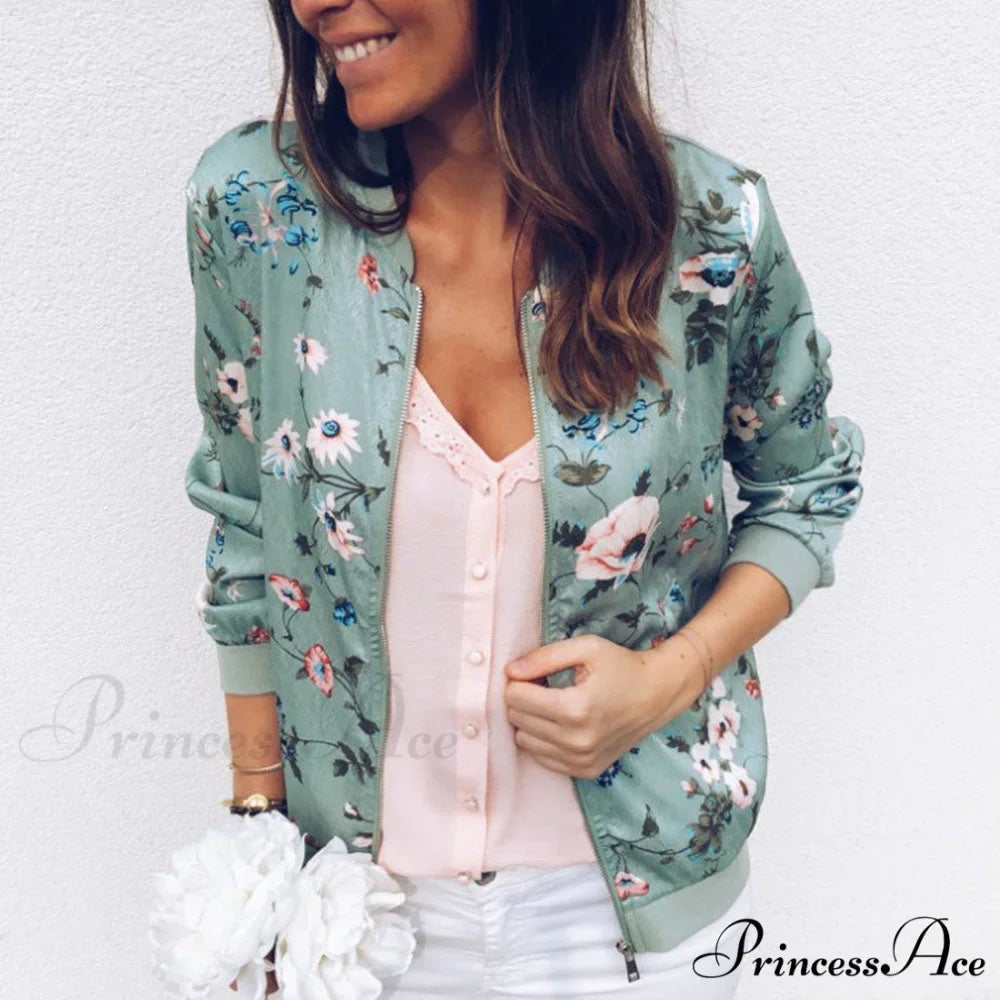 Floral Printed Elegant Zipper Bomber Coat