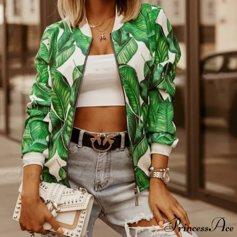 Floral Printed Elegant Zipper Bomber Coat