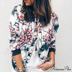 Floral Printed Elegant Zipper Bomber Coat