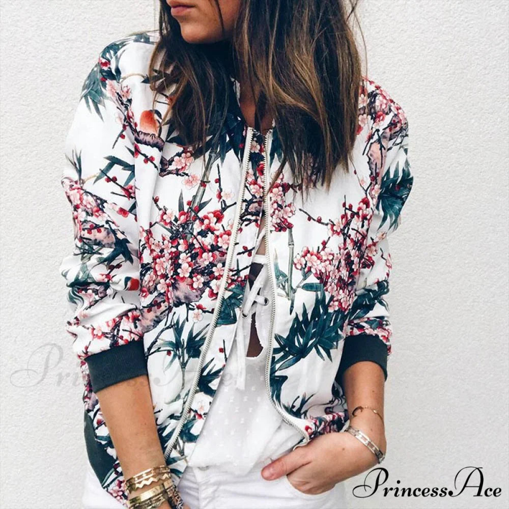 Floral Printed Elegant Zipper Bomber Coat