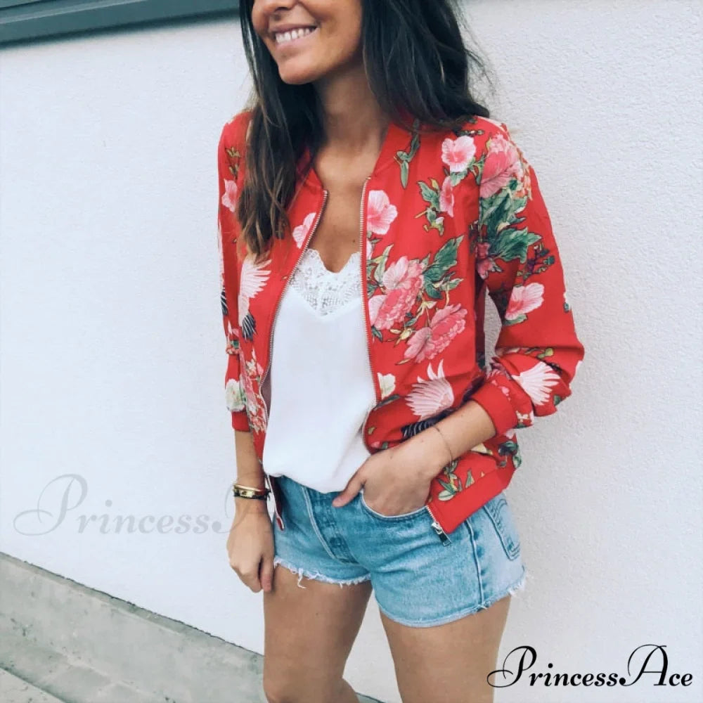 Floral Printed Elegant Zipper Bomber Coat