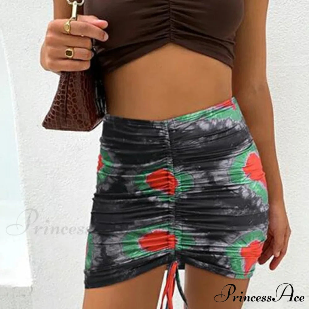 Floral Printing Ruched Slim Short Mini Skirt