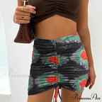 Floral Printing Ruched Slim Short Mini Skirt