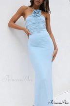 Floral Ruched Midi Dress with Halter Decoration