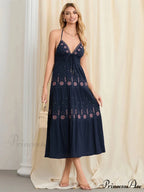 Floral Stitched Cinch-Up Halter Bohemian Open-Back A-Line Beach Dress