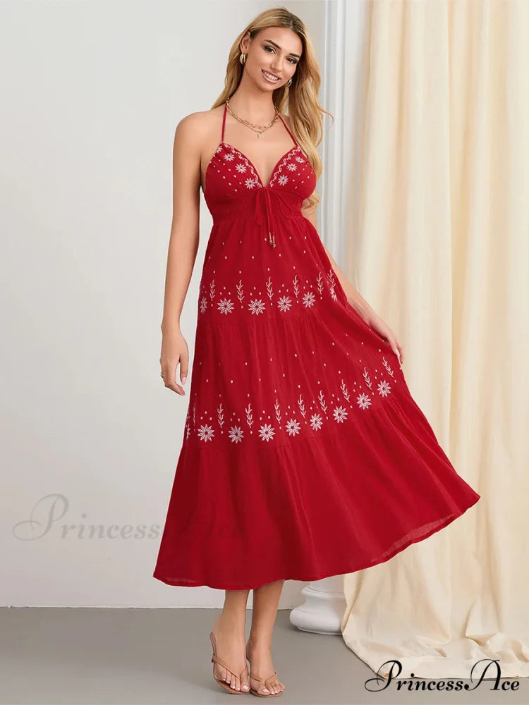 Floral Stitched Cinch-Up Halter Bohemian Open-Back A-Line Beach Dress