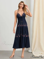 Floral Stitched Cinch-Up Halter Bohemian Open-Back A-Line Beach Dress