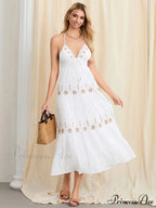 Floral Stitched Cinch-Up Halter Bohemian Open-Back A-Line Beach Dress