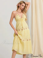 Floral Stitched Cinch-Up Halter Bohemian Open-Back A-Line Beach Dress