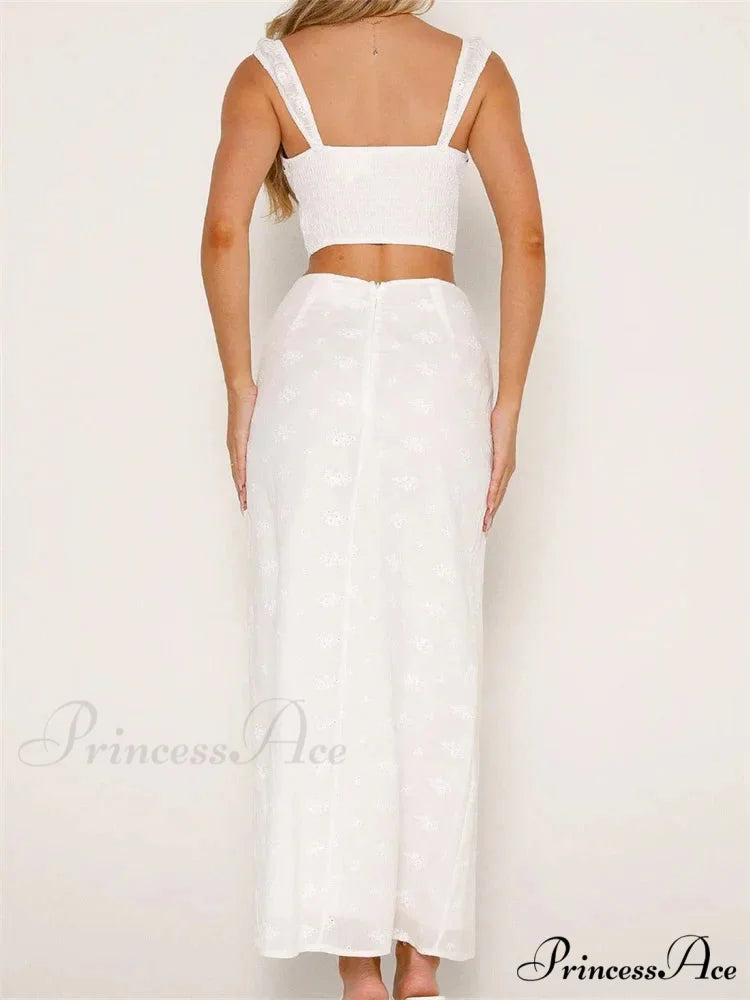 Floral Stitched Sleeveless Midriff Top High Waisted Maxi Skirt