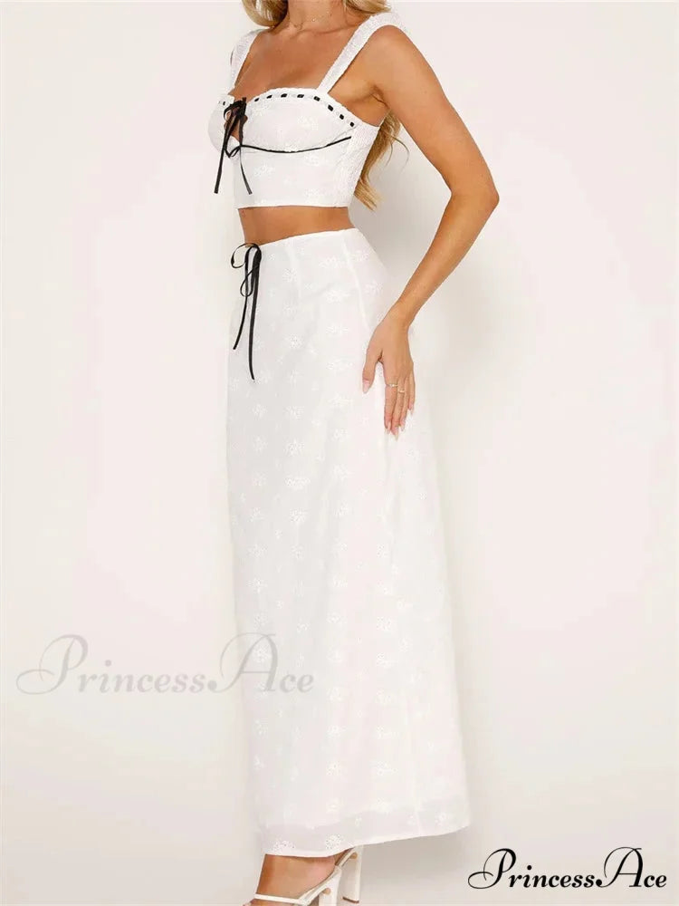 Floral Stitched Sleeveless Midriff Top High Waisted Maxi Skirt