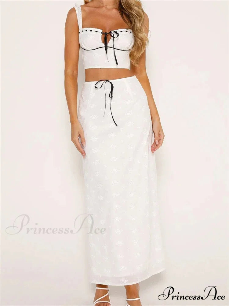 Floral Stitched Sleeveless Midriff Top High Waisted Maxi Skirt