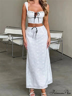 Floral Stitched Sleeveless Midriff Top High Waisted Maxi Skirt