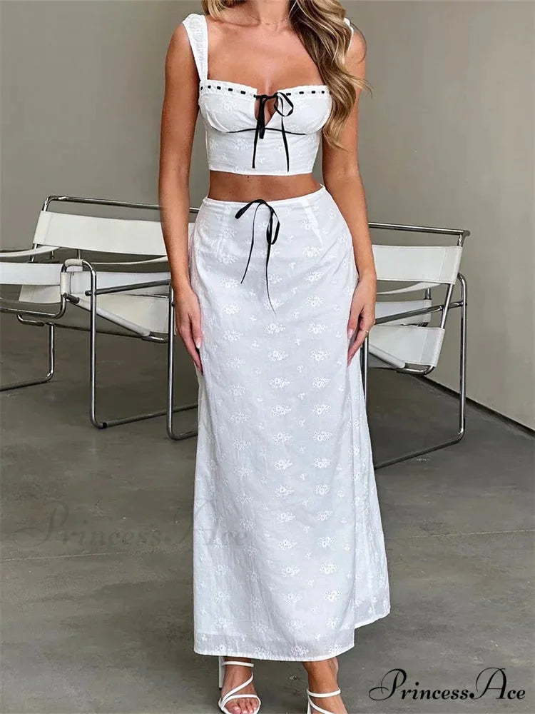 Floral Stitched Sleeveless Midriff Top High Waisted Maxi Skirt