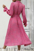 Floral Tie Waist Long Sleeve Pleated Midi Dress