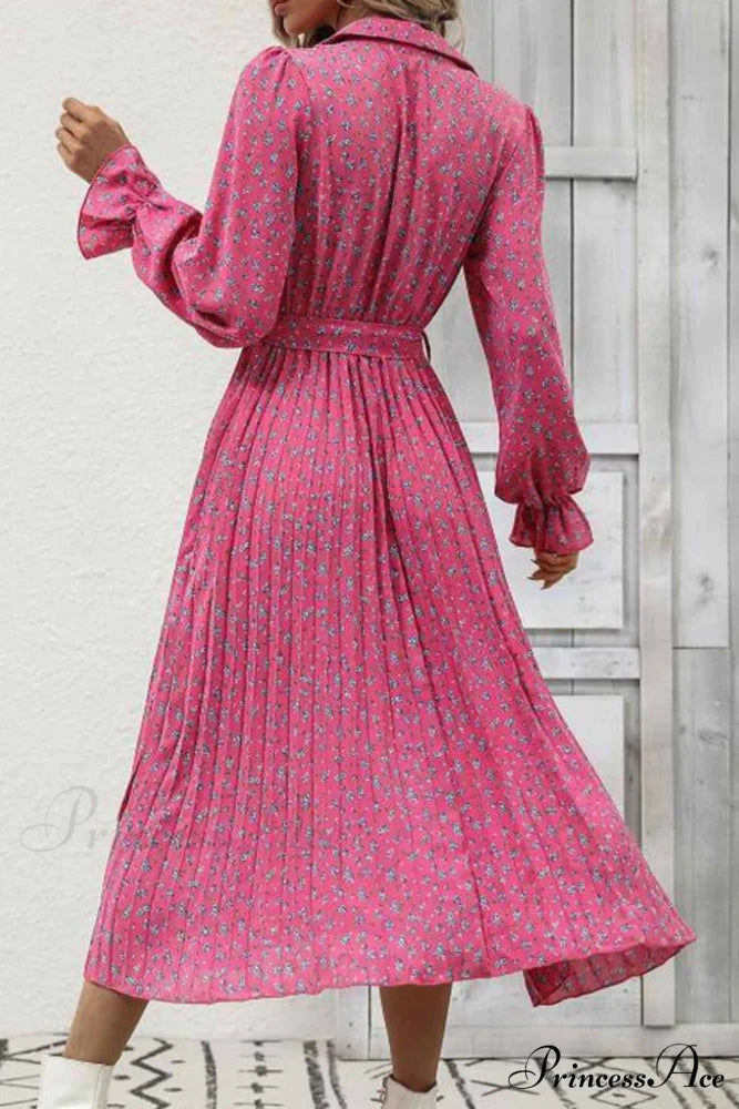Floral Tie Waist Long Sleeve Pleated Midi Dress