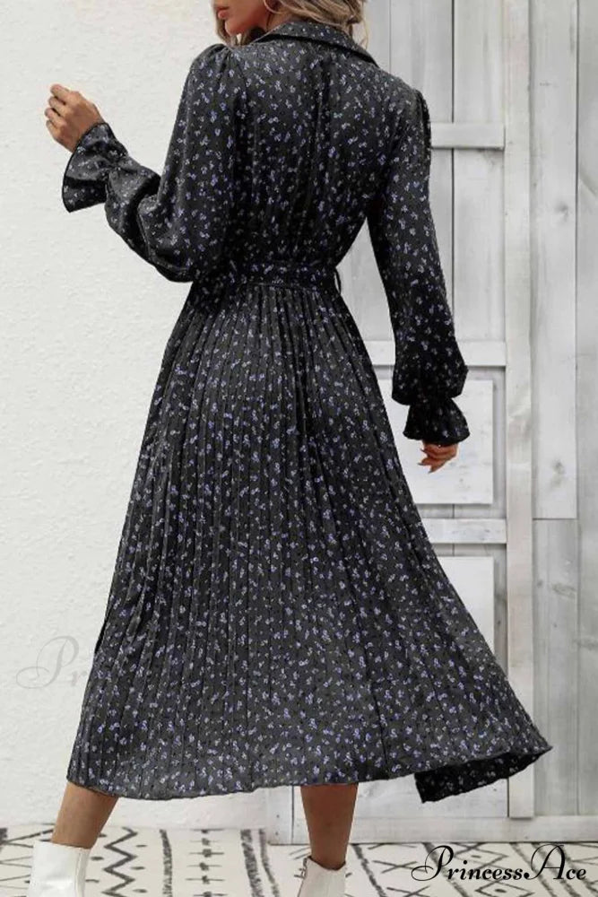 Floral Tie Waist Long Sleeve Pleated Midi Dress