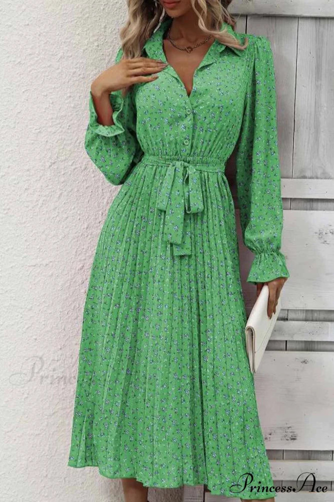Floral Tie Waist Long Sleeve Pleated Midi Dress