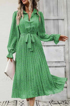 Floral Tie Waist Long Sleeve Pleated Midi Dress