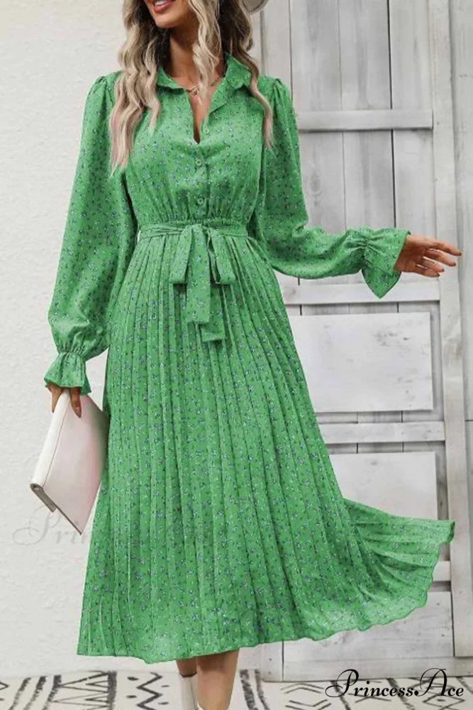 Floral Tie Waist Long Sleeve Pleated Midi Dress