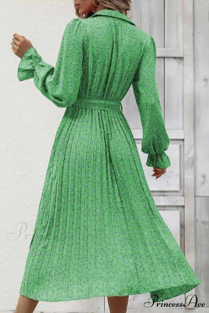 Floral Tie Waist Long Sleeve Pleated Midi Dress